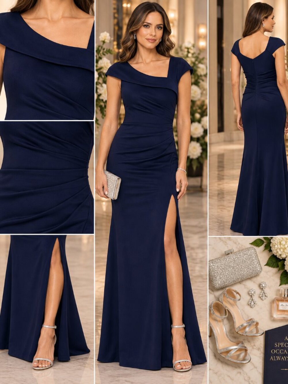 XSCAPE Petite Midnight Blue Asymmetric Formal Gown Size 4P NWT
